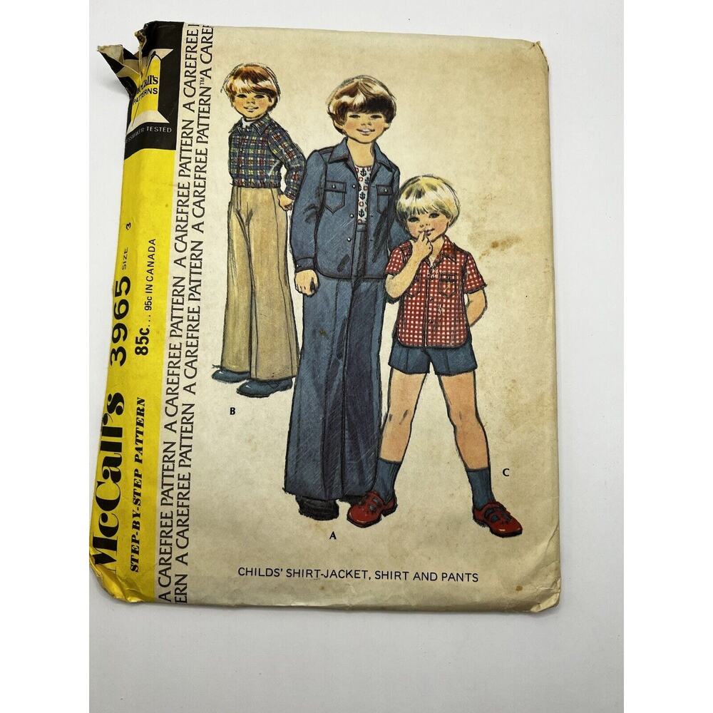 Vintage 1970s 1974 Sewing Pattern Boys Jacket Shirt Shorts McCall’s 3965